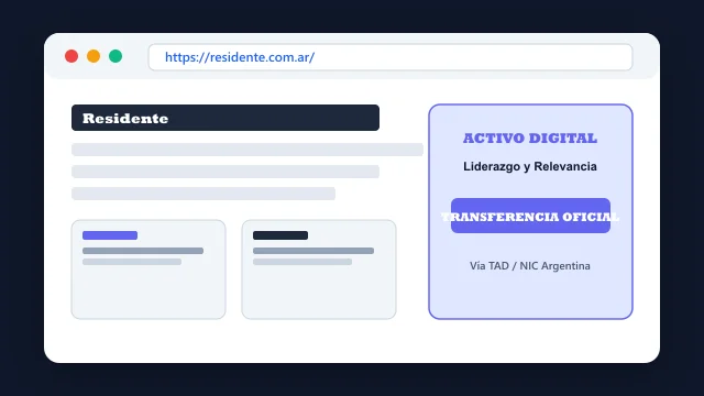 Vista del activo digital estratégico residente.com.ar y transferencia formal